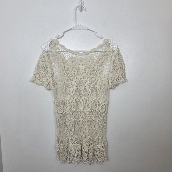 Cream Floral Crochet Beachy Coastal Festival Summer Casual Bohemian Shirt Sz S - Picture 2 of 6